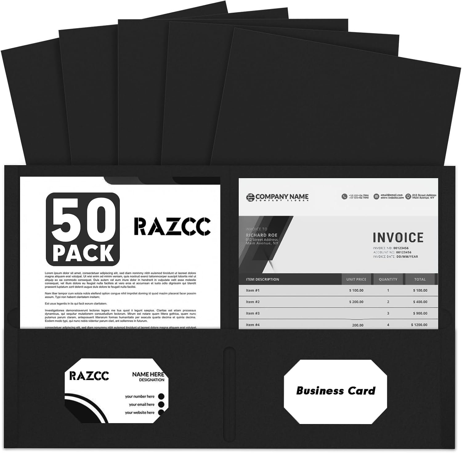 Two Pocket Folders, 50 Pack, Black, Letter Size Paper